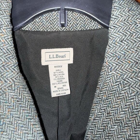 LL Bean Blazer Jacket Women Medium Regular Green Tweed Wool Silk Blend - Picture 2 of 5